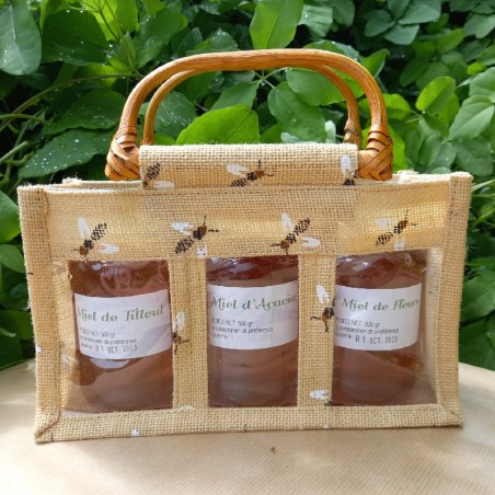 Panier toile de jute imprimé abeilles pour 3 pots de miel de 500 gr