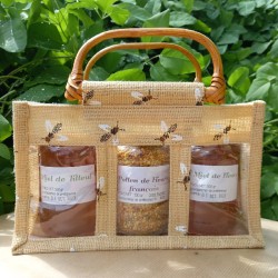 Panier toile de jute imprimé abeilles pour 3 pots de miel de 500 gr