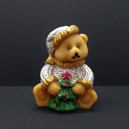 Figurine ourson avec sapin de Noël artisanale en cire d'abeille