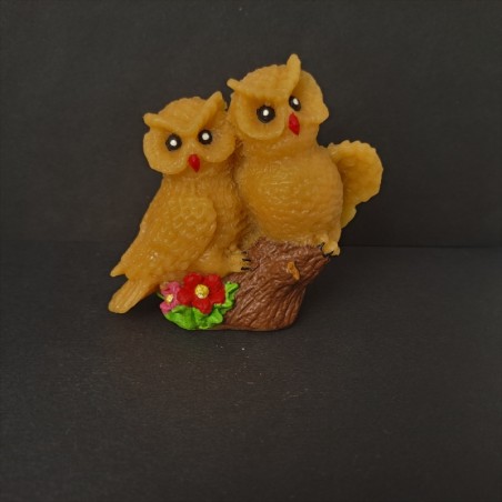 Figurine couple de hiboux en cire d'abeille